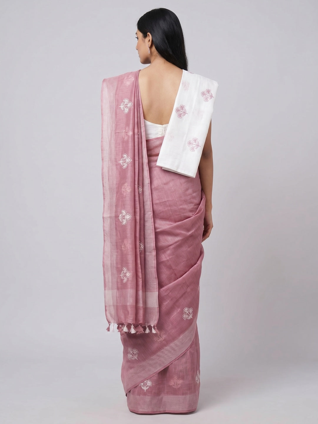 Dusty Pink Floral Embroidered Raw Silk Saree - Image 2