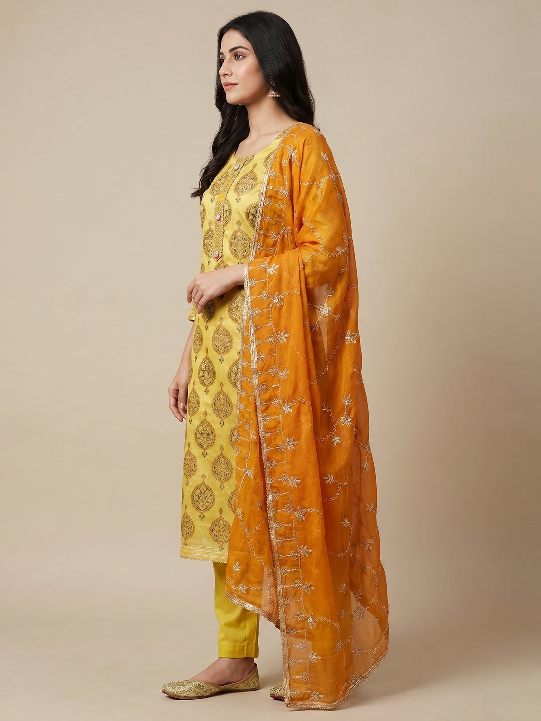 Yellow Embroidered Chanderi Dress Material - Image 2