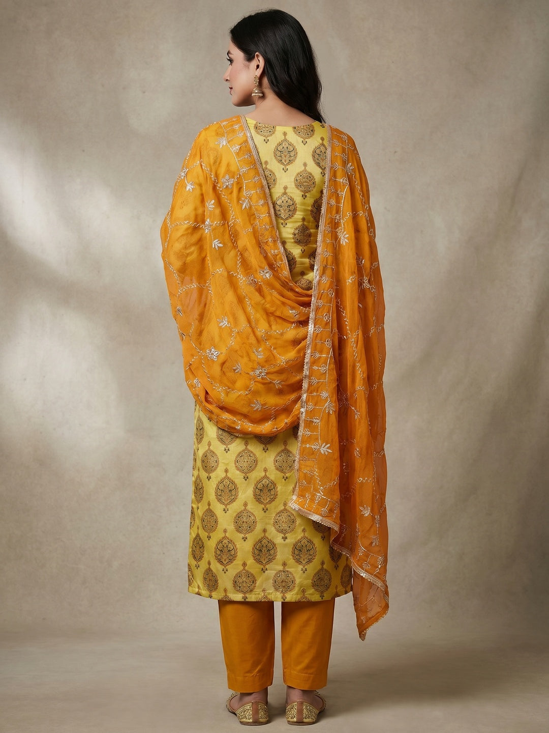 Yellow Embroidered Chanderi Dress Material - Image 3