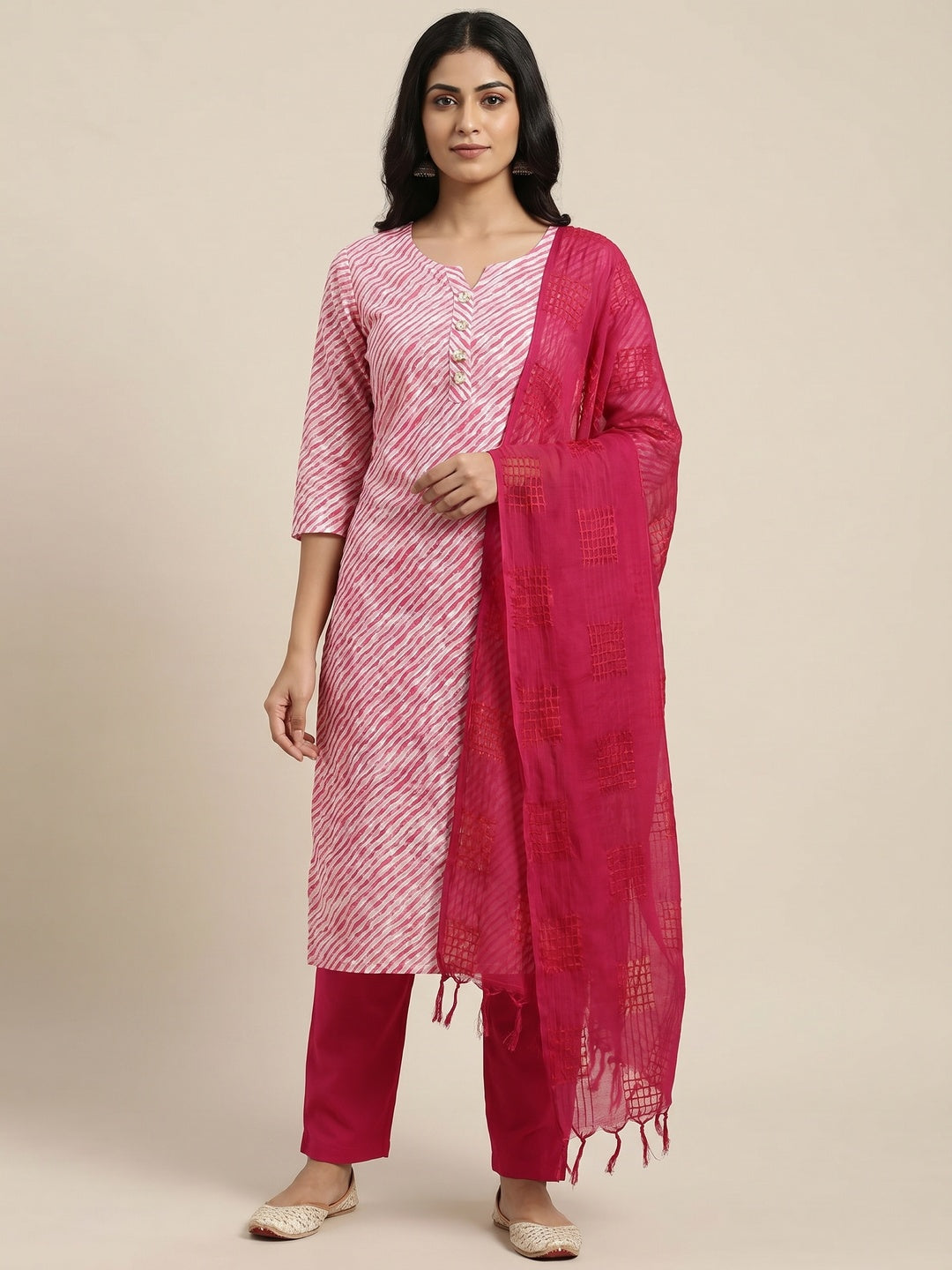 Pink Striped Printed Cotton Blend Dress Material - Image 1