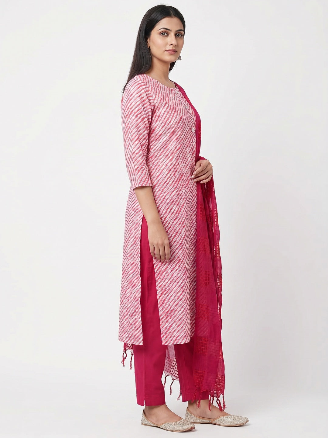 Pink Striped Printed Cotton Blend Dress Material - Image 3