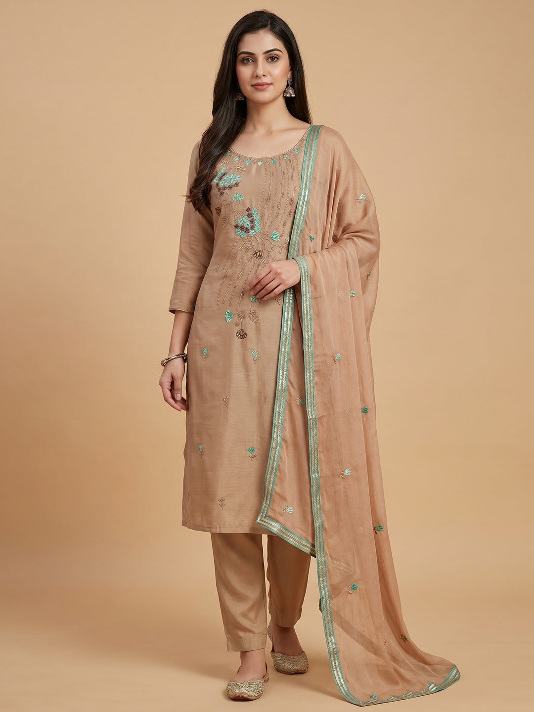 Chikoo Floral Embroidered Modal Dress Material - Image 1