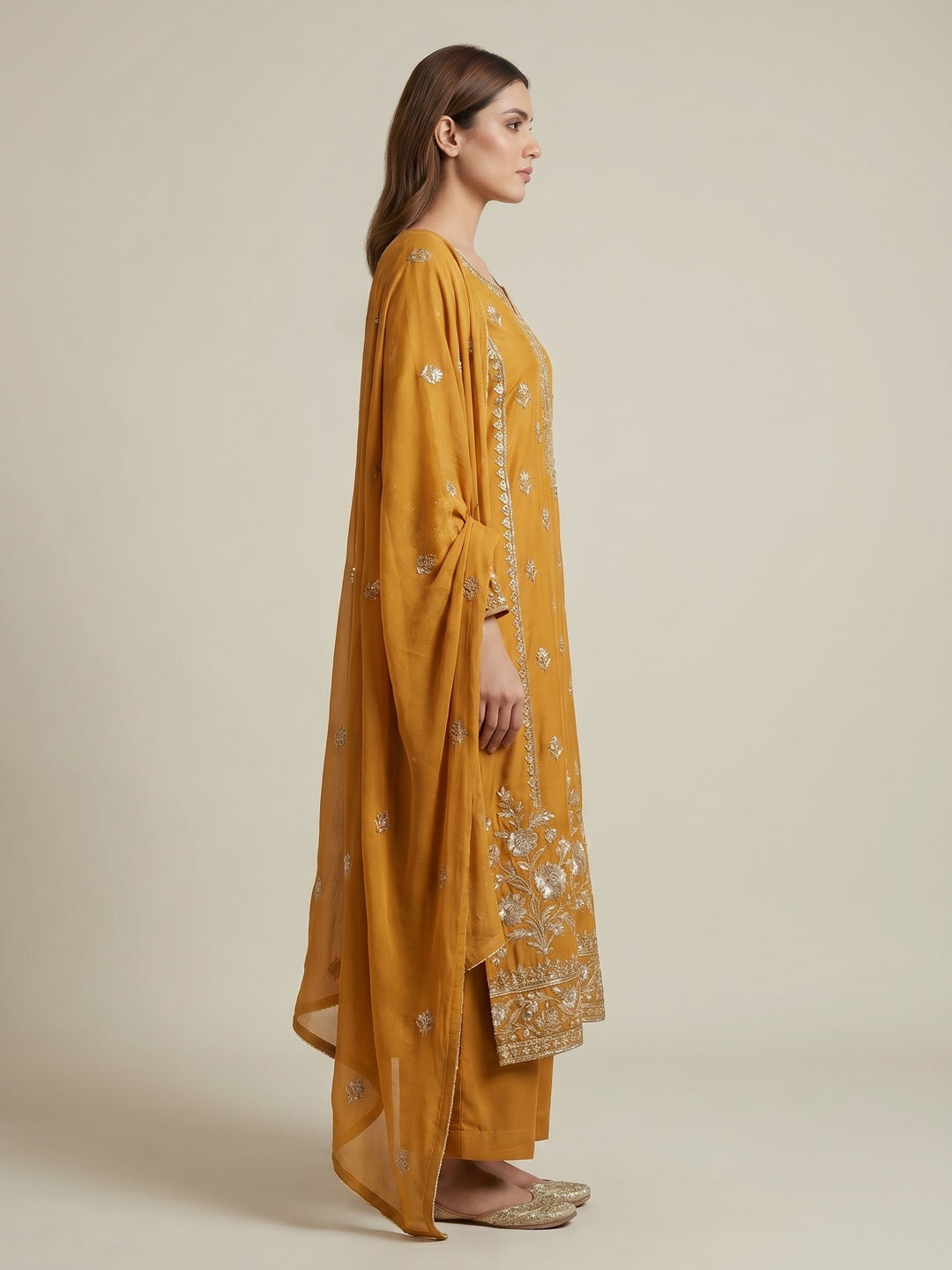 Mustard Floral Embroidered Modal Dress Material - Image 2