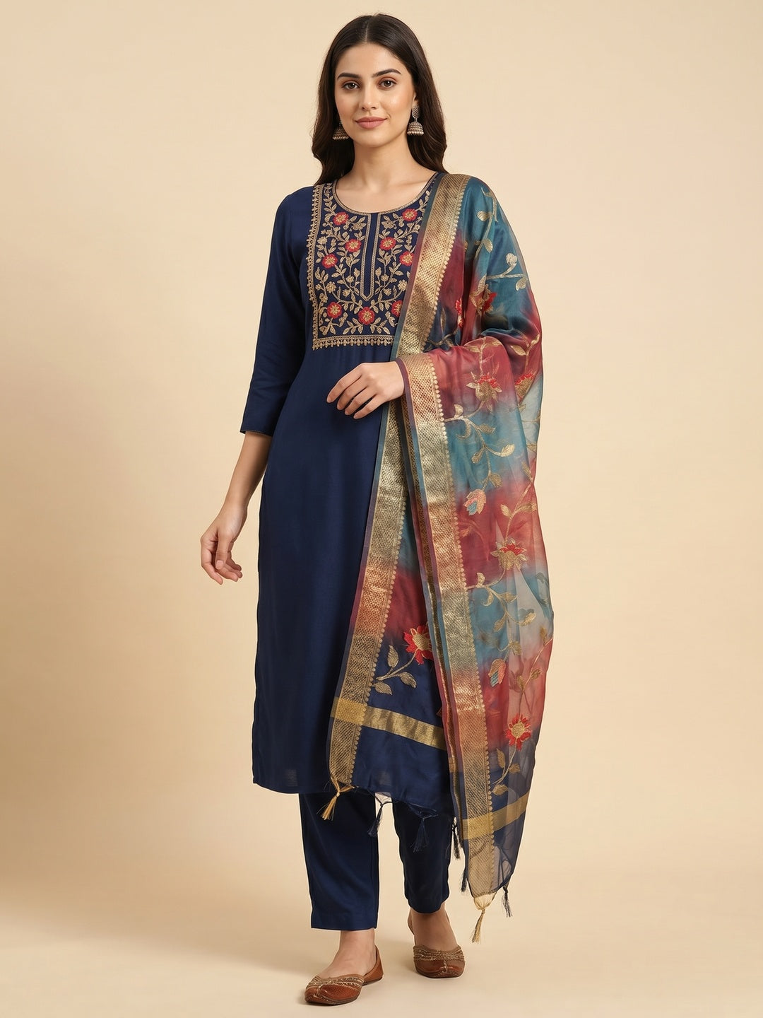 Navy Blue Embroidered Modal Dress Material - Image 1