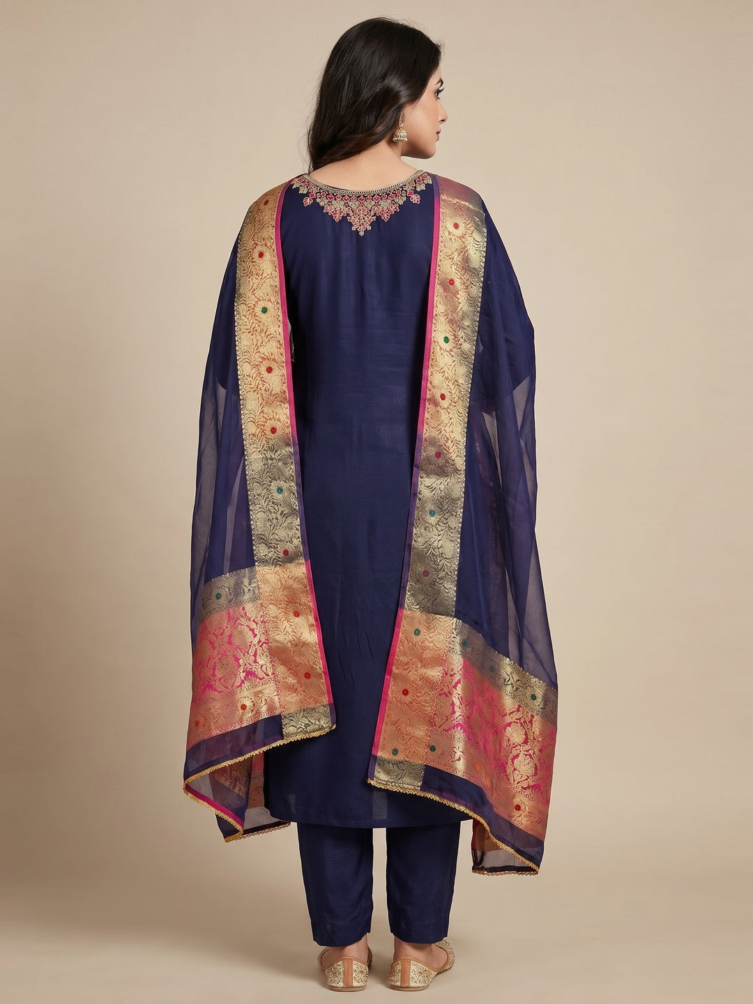 Navy Blue Embroidered Modal Dress Material - Image 2