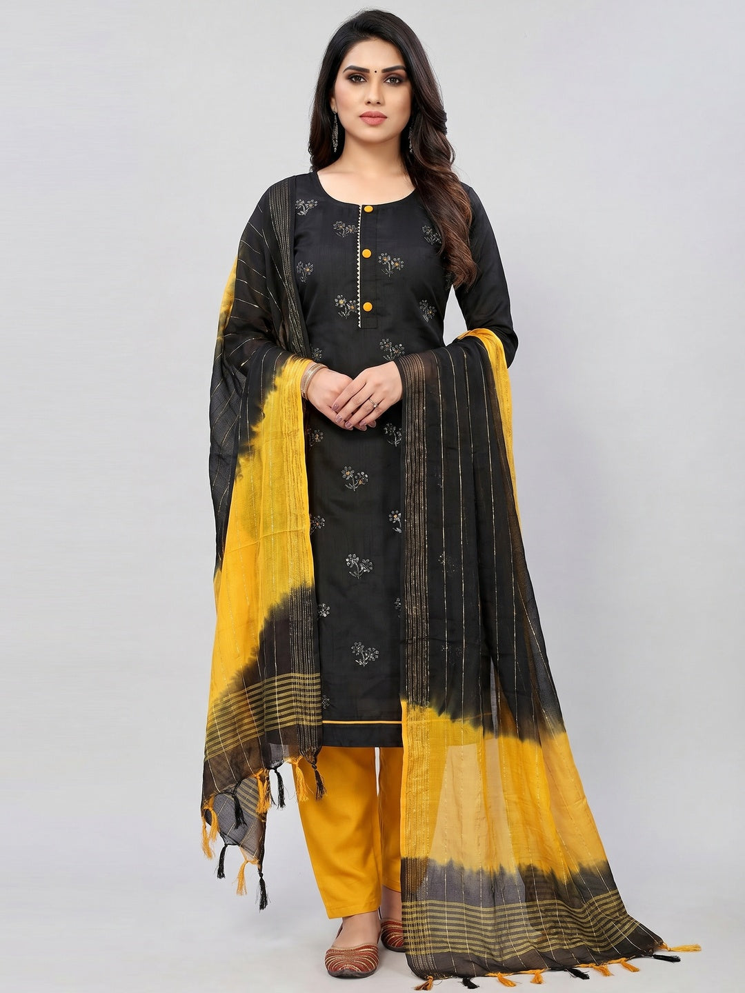 Black Floral Sequins Embroidered Art Silk Dress Material - Image 1