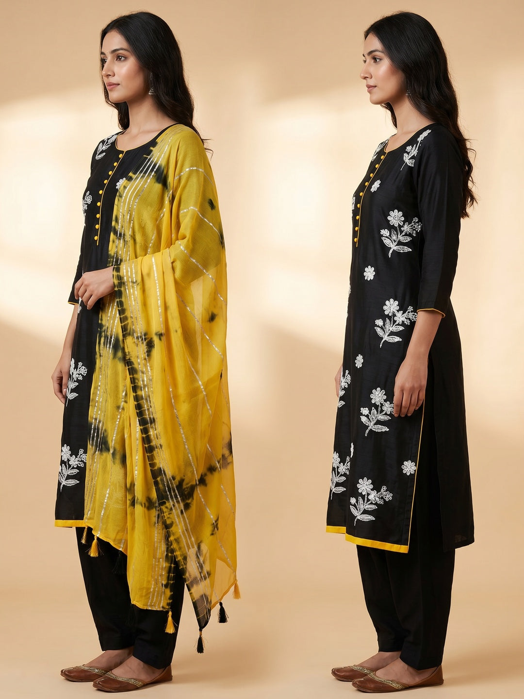 Black Floral Sequins Embroidered Art Silk Dress Material - Image 2