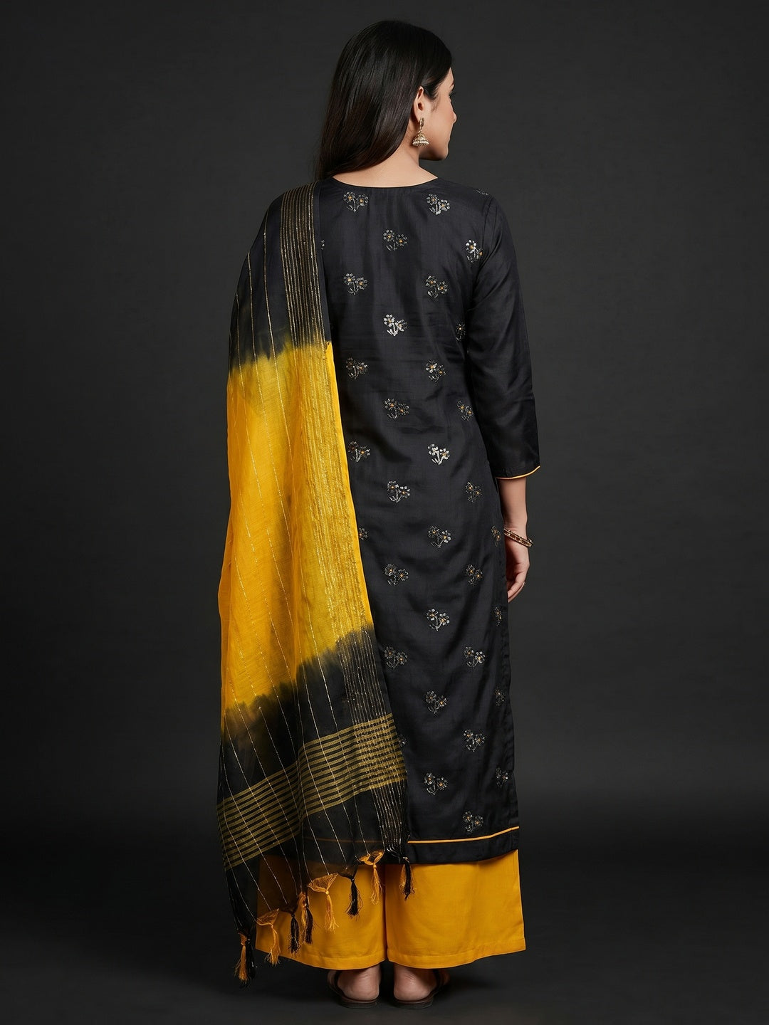 Black Floral Sequins Embroidered Art Silk Dress Material - Image 3