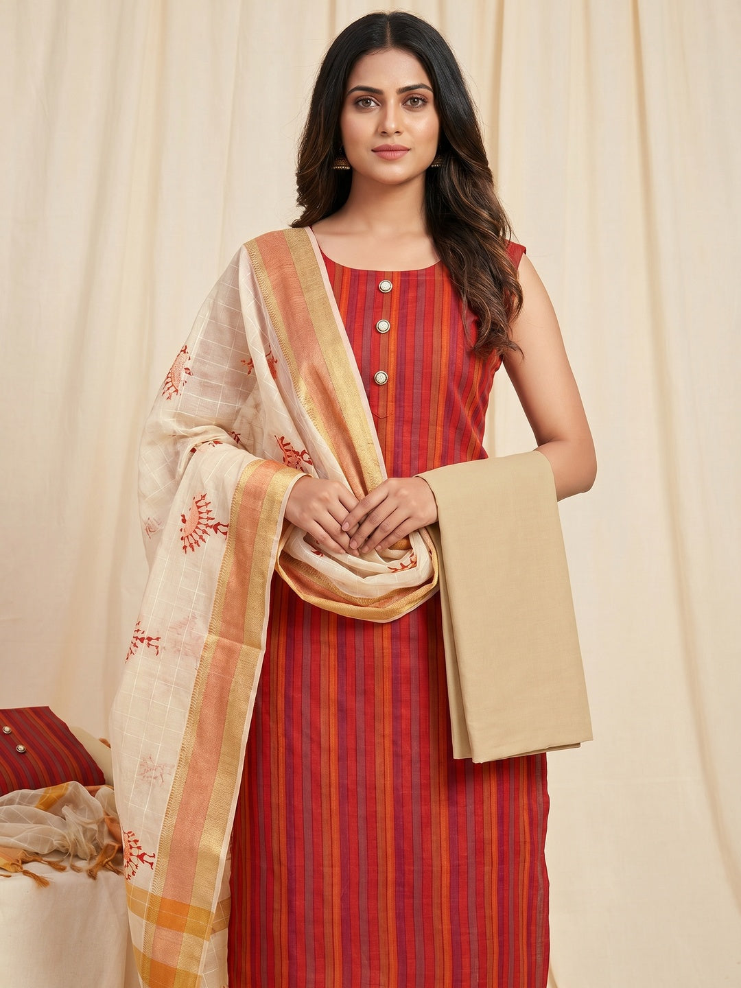 Red Printed Cotton Silk Dress Material - Image 1