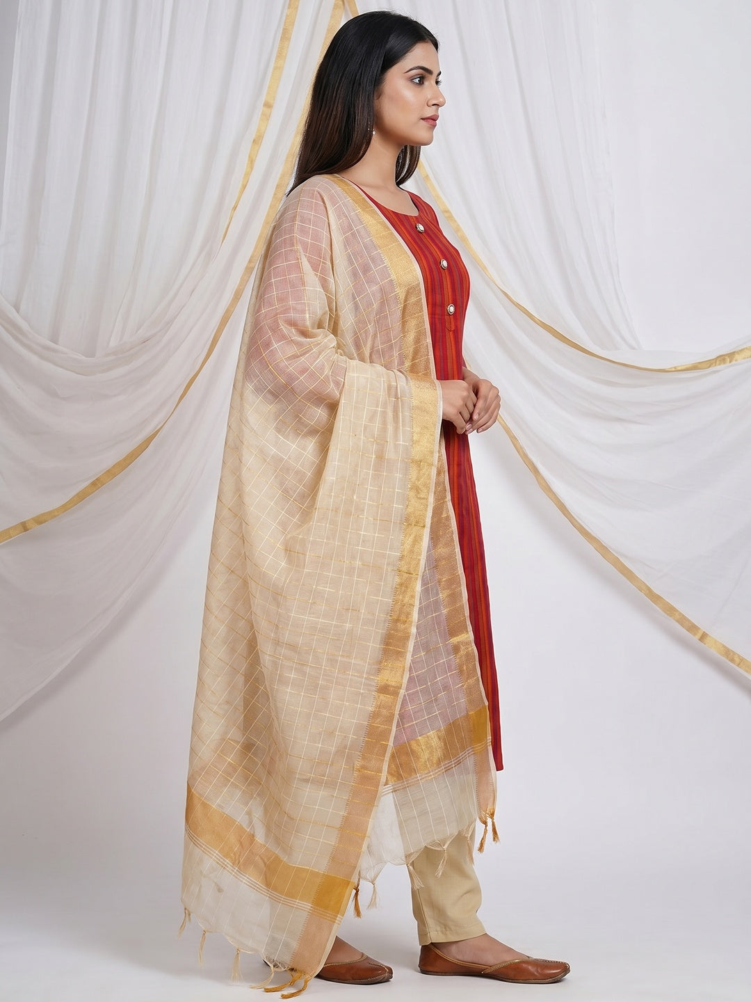 Red Printed Cotton Silk Dress Material - Image 2