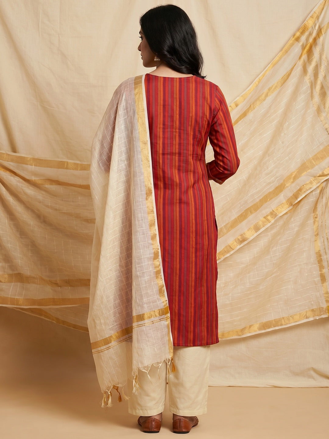 Red Printed Cotton Silk Dress Material - Image 3