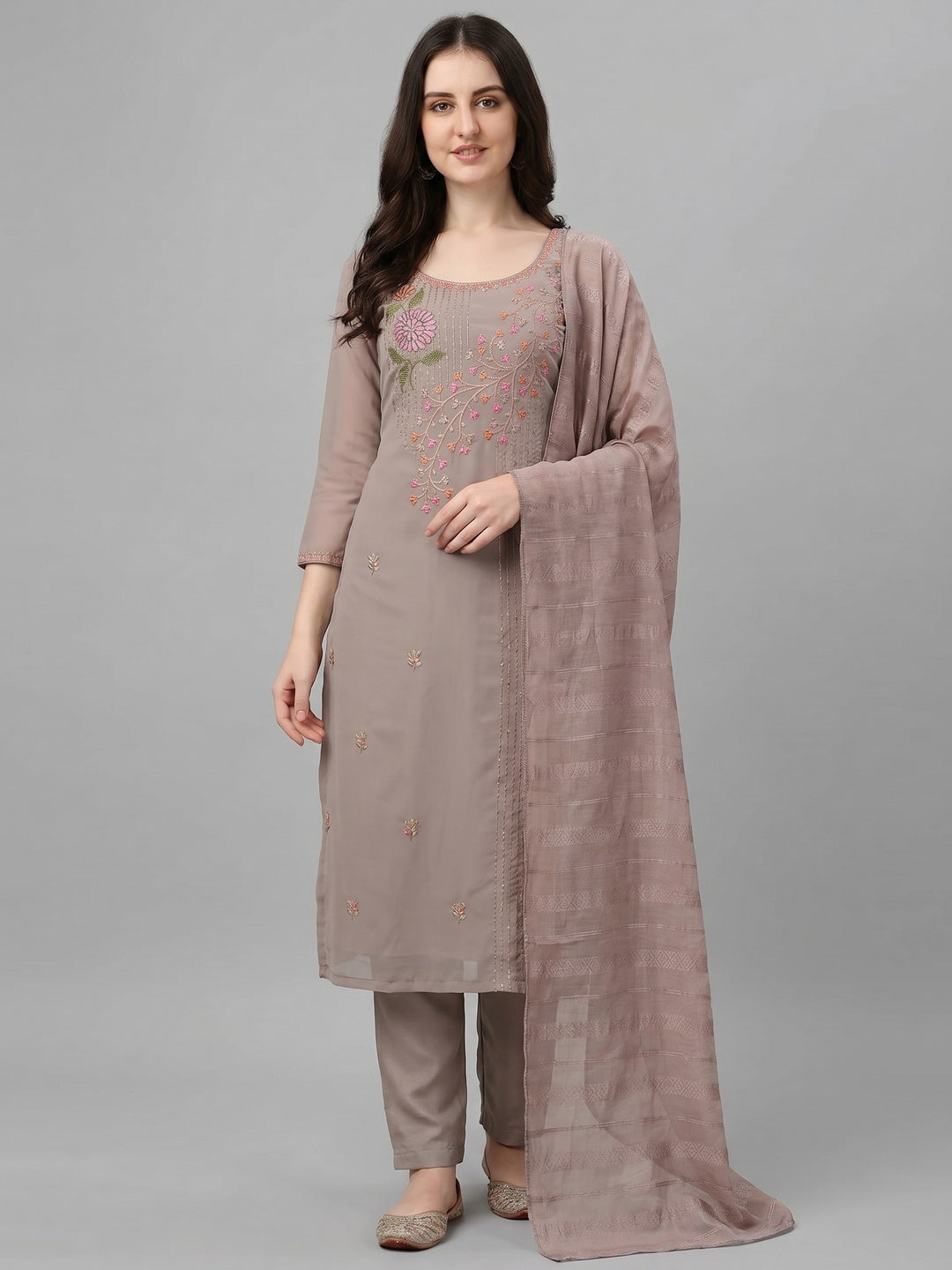 Grey Floral Embroidered Georgette Dress Material - Image 1