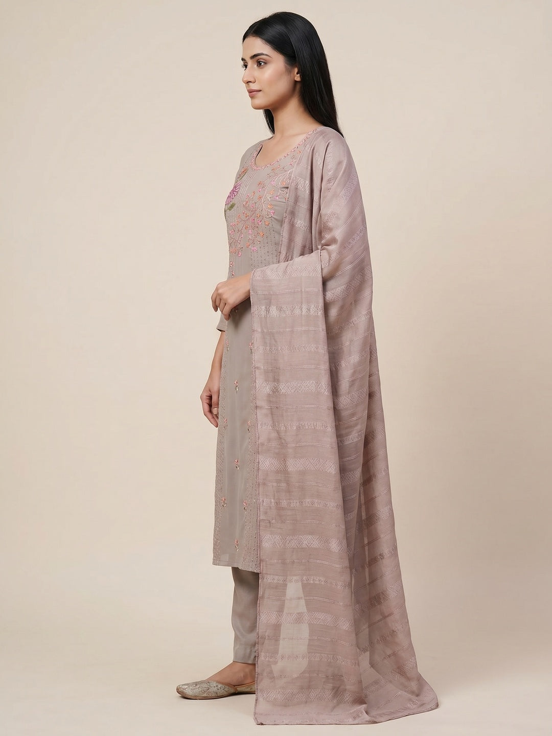 Grey Floral Embroidered Georgette Dress Material - Image 2