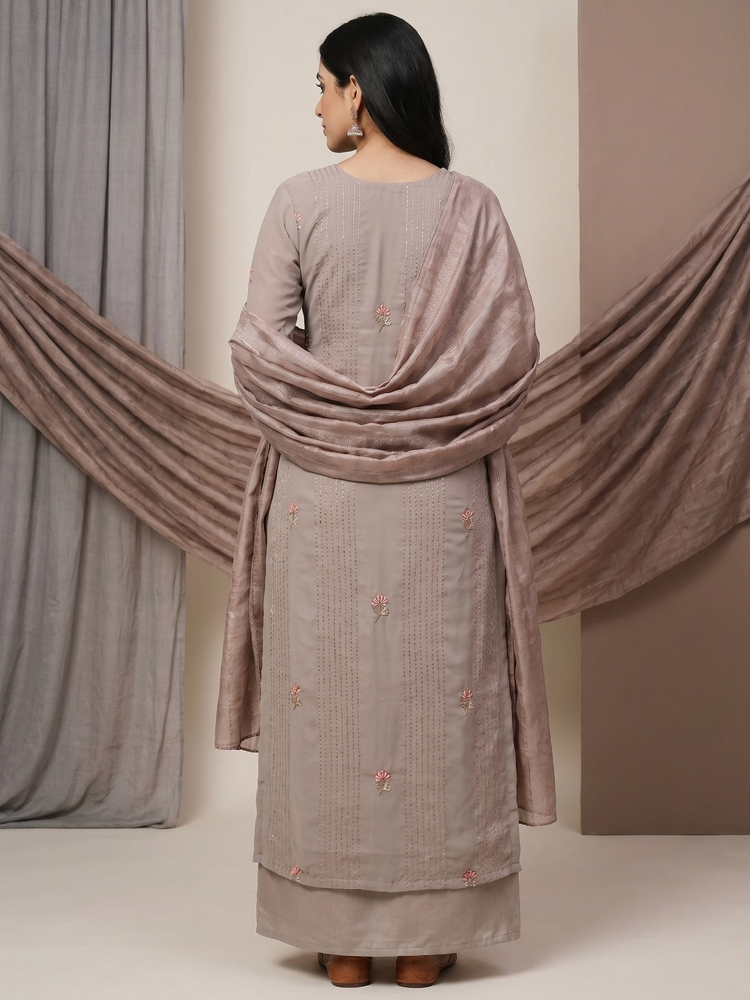 Grey Floral Embroidered Georgette Dress Material - Image 3