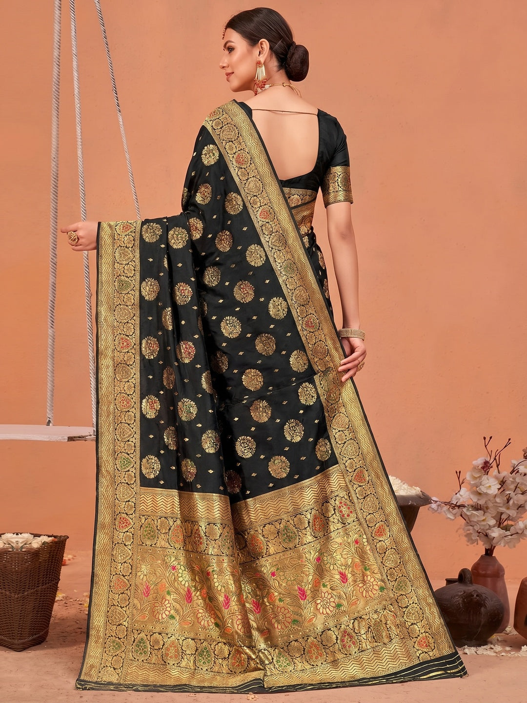 Black Floral Woven Art Silk Saree - Image 1