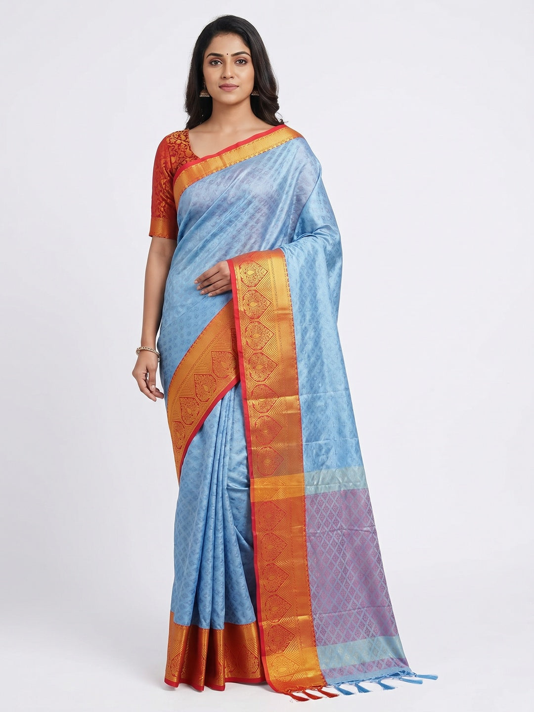 Sky Blue Woven Cotton Silk Saree With Tassels - Image 1