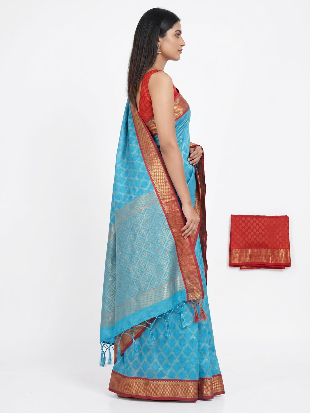 Sky Blue Woven Cotton Silk Saree With Tassels - Image 2