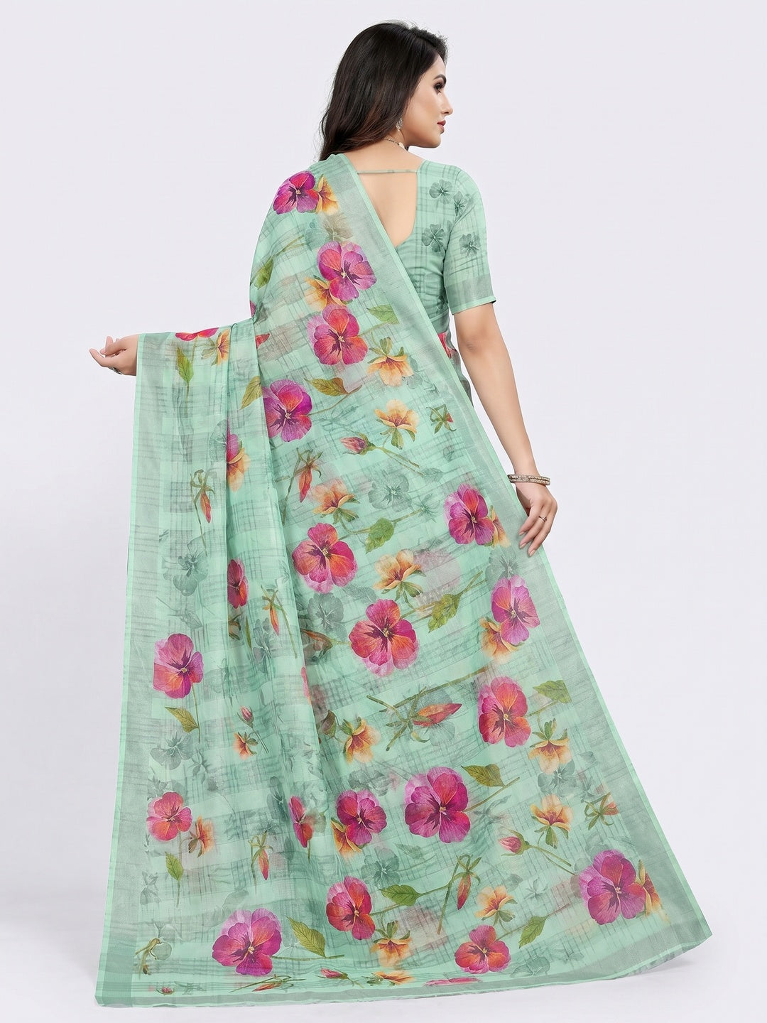 Turquoise Green Floral Digital Printed Cotton Silk Saree - Image 3