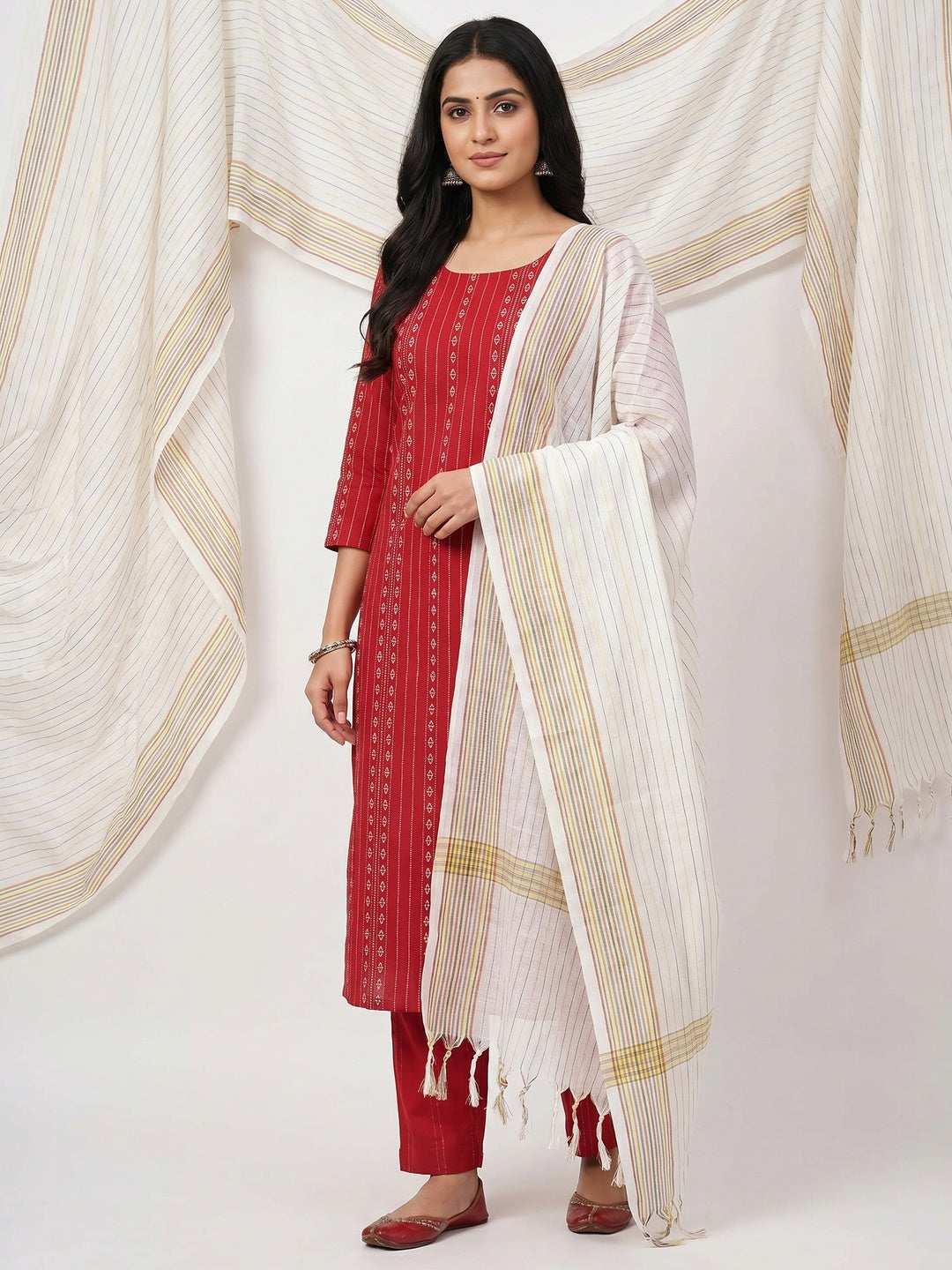 Red Embroidered Cotton Blend Dress Material - Image 1