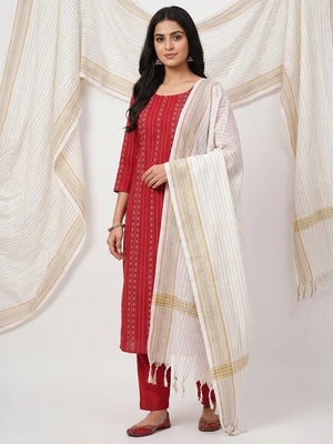 Red Embroidered Cotton Blend Dress Material - Image 1
