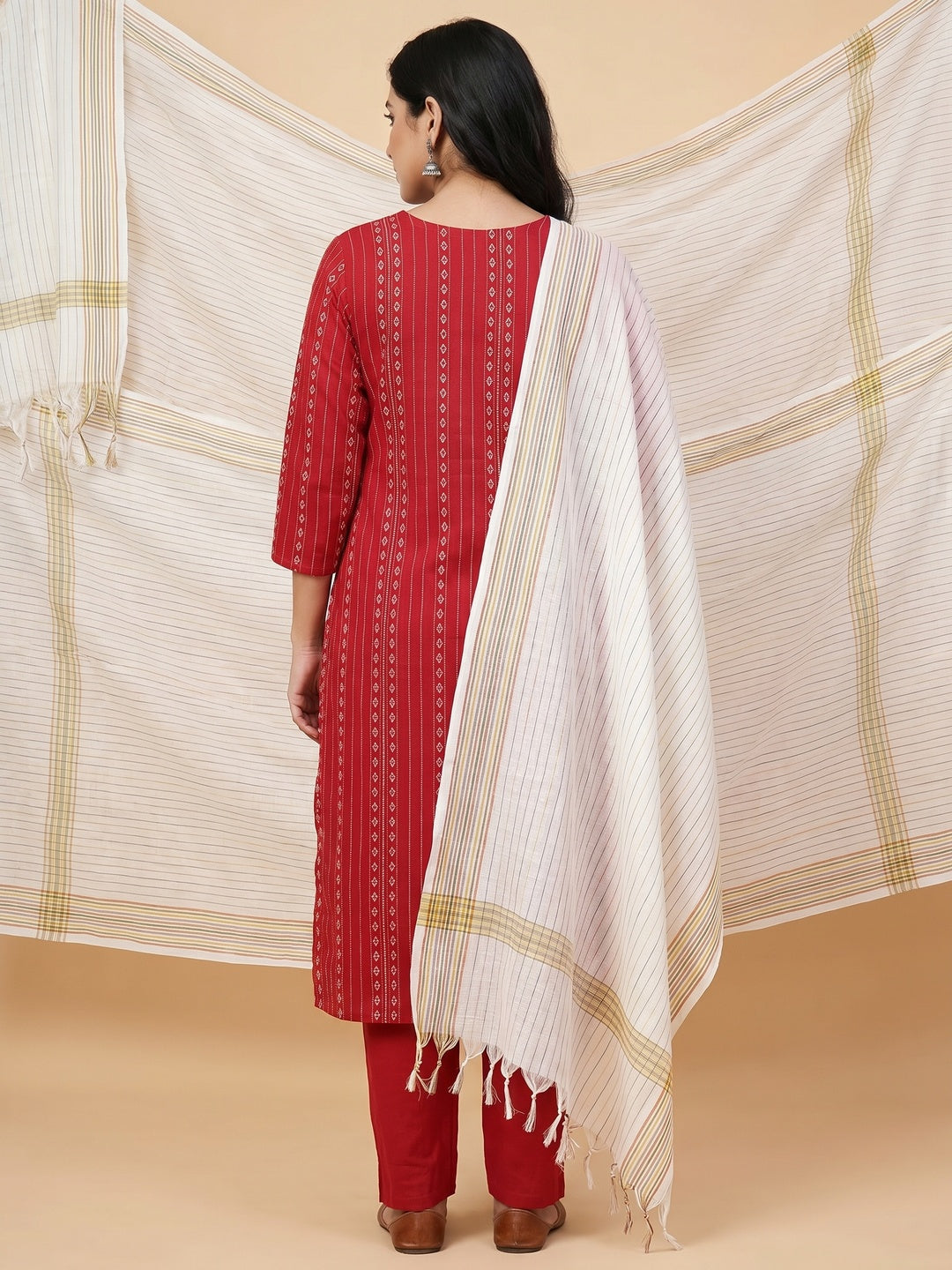 Red Embroidered Cotton Blend Dress Material - Image 2