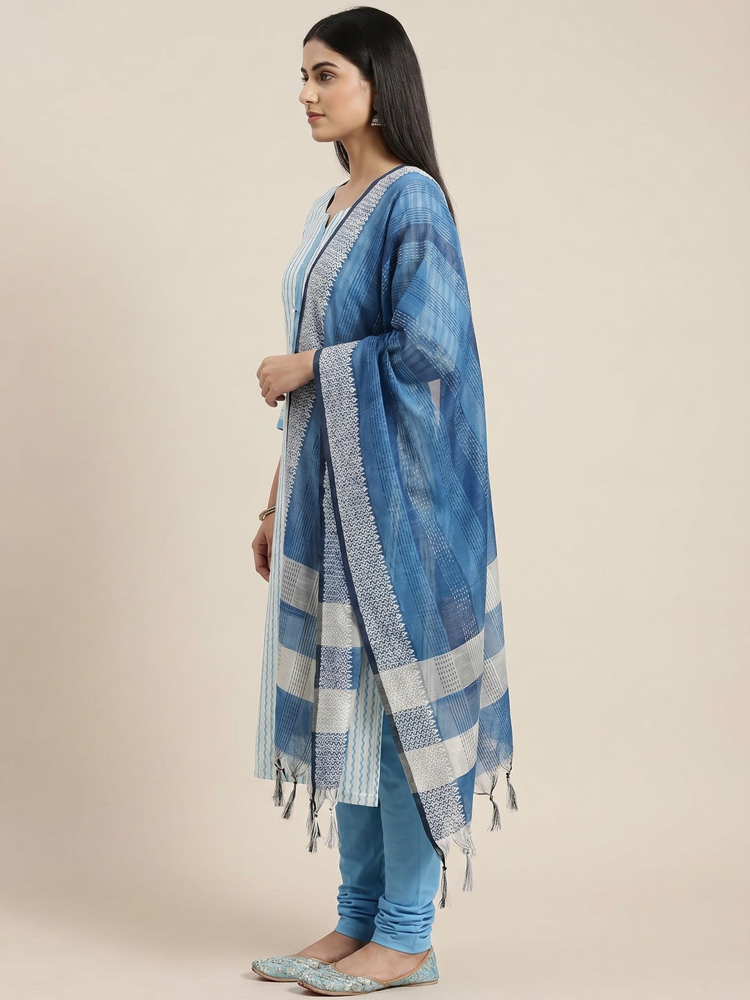 Firozi Striped Printed With Woven Cotton Blend Dress Material - Image 3