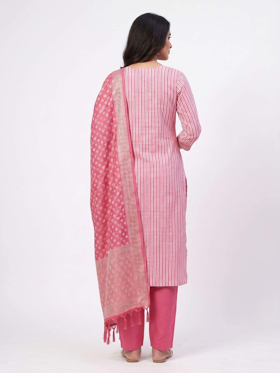 Pink Striped Printed With Woven Cotton Blend Dress Material - Image 2
