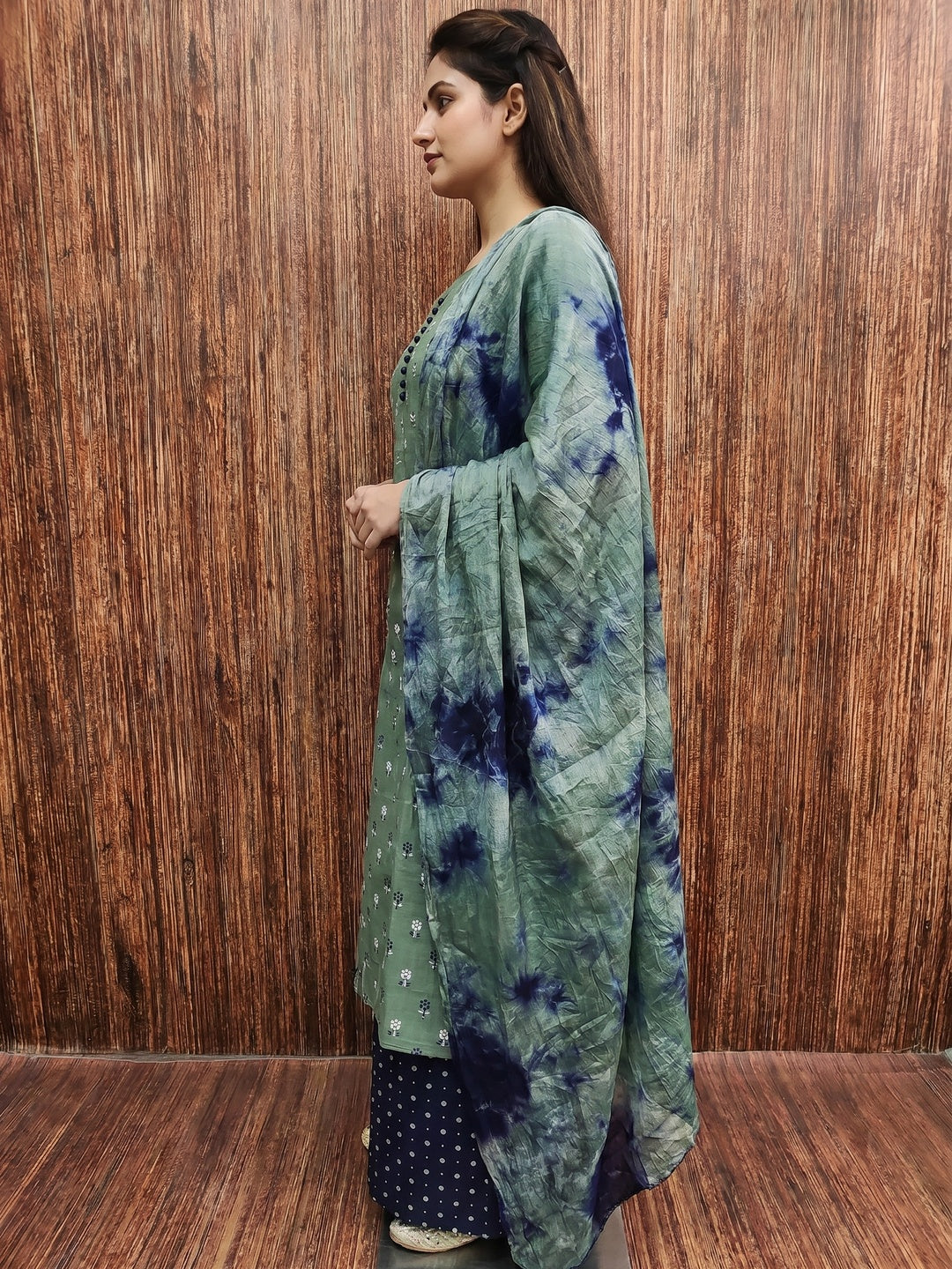 Green Floral Printed Cotton Blend Dress Material - Image 2