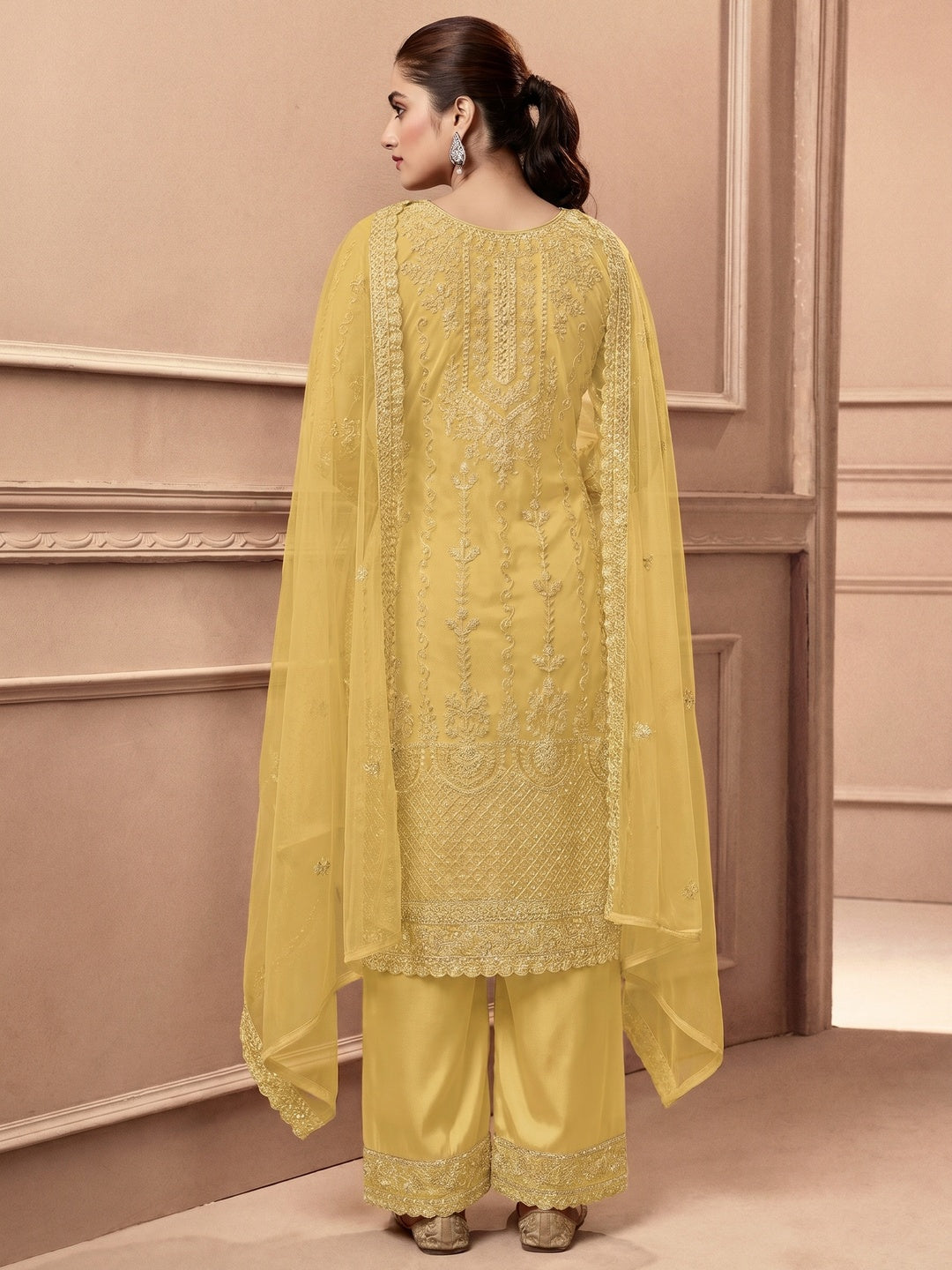 Yellow Floral Embroidered Netted Pakistani Suit - Image 1