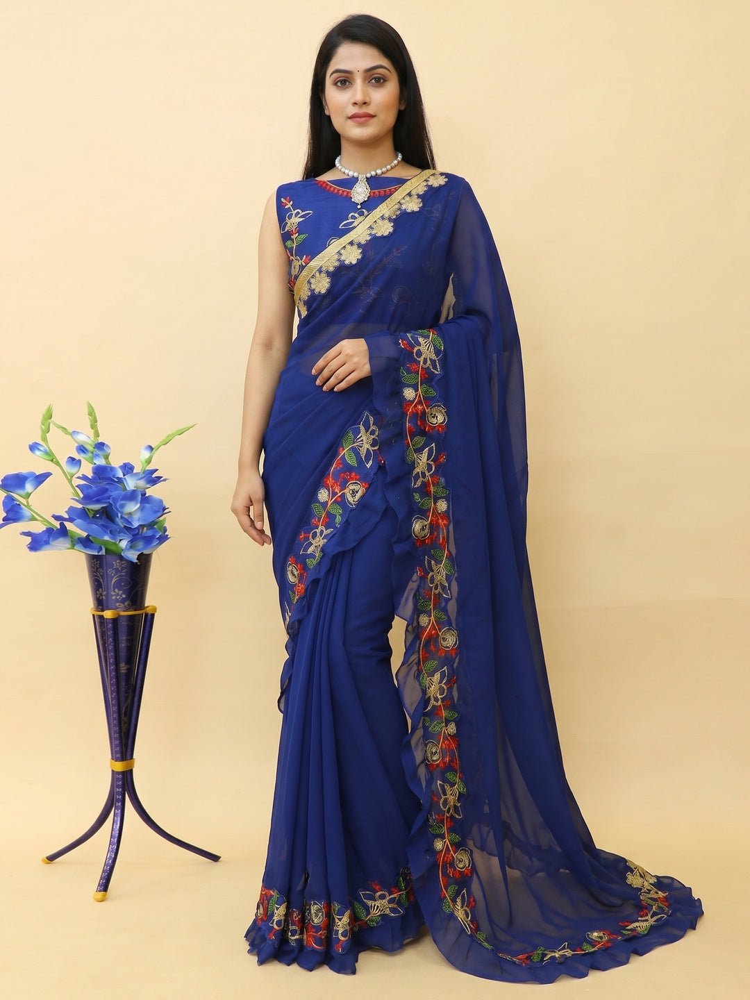 Navy Blue Embroidered Georgette Saree - Image 1