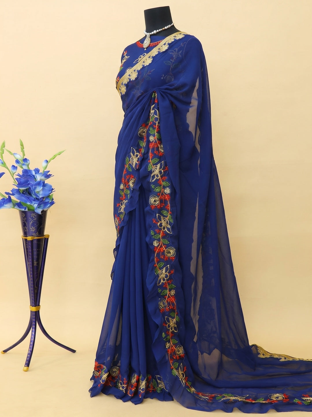 Navy Blue Embroidered Georgette Saree - Image 3