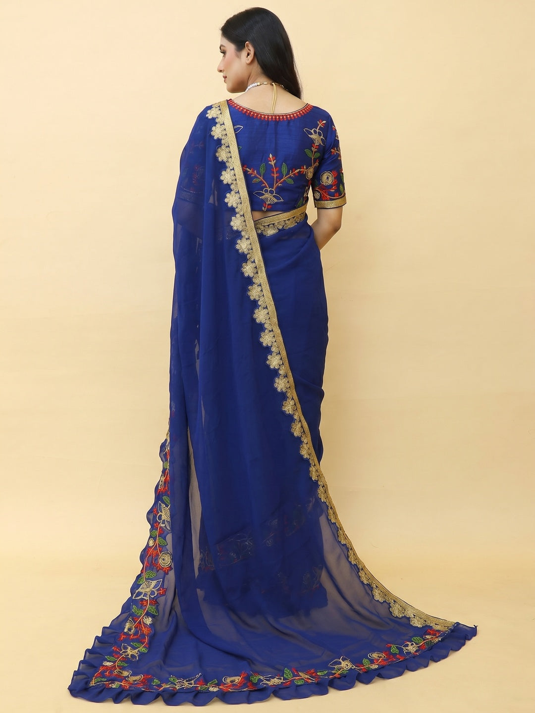 Navy Blue Embroidered Georgette Saree - Image 2