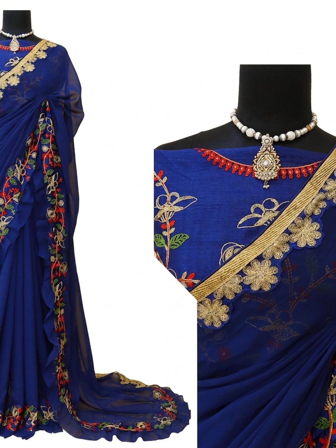Navy Blue Embroidered Georgette Saree - Image 4