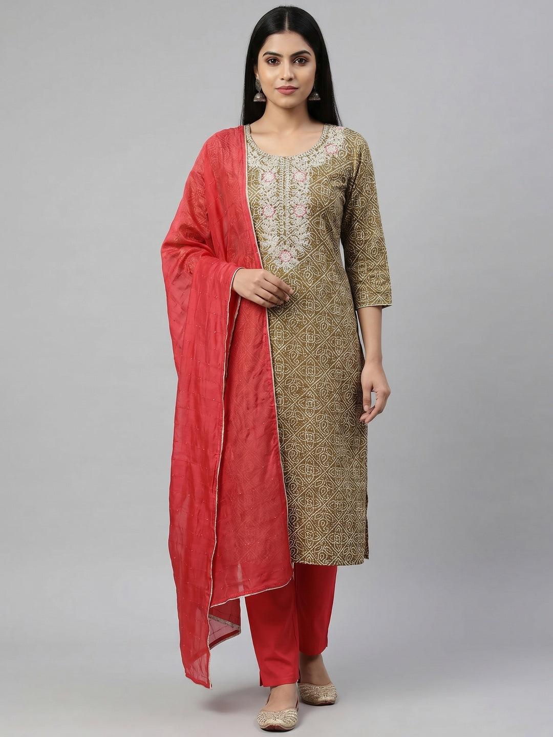 Mehendi Green Printed Cotton Blend Dress Material - Image 1