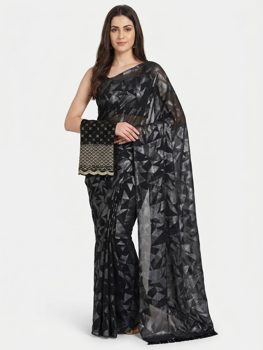 Black Foil Printed Georgette Saree - Image 1