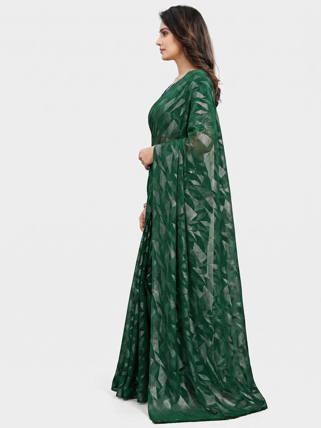 Green Foil Printed Georgette Saree - Image 3