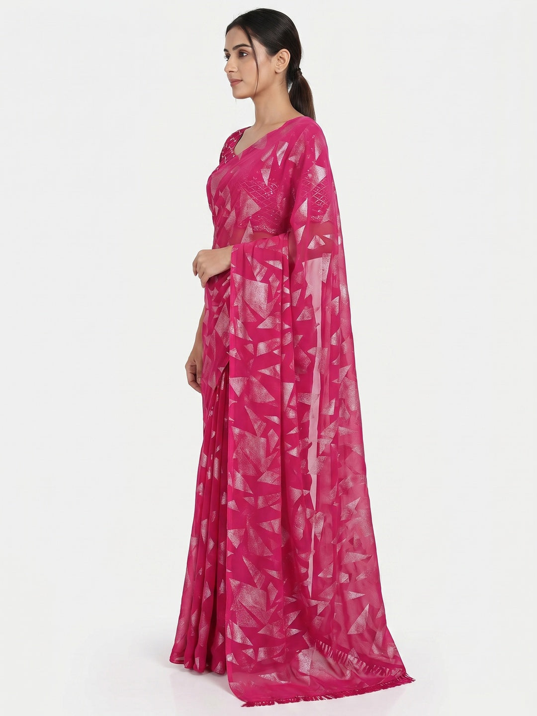 Pink Foil Printed Georgette Saree - Image 4