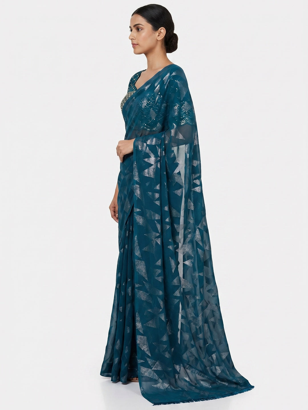 Morpich Foil Printed Georgette Saree - Image 3