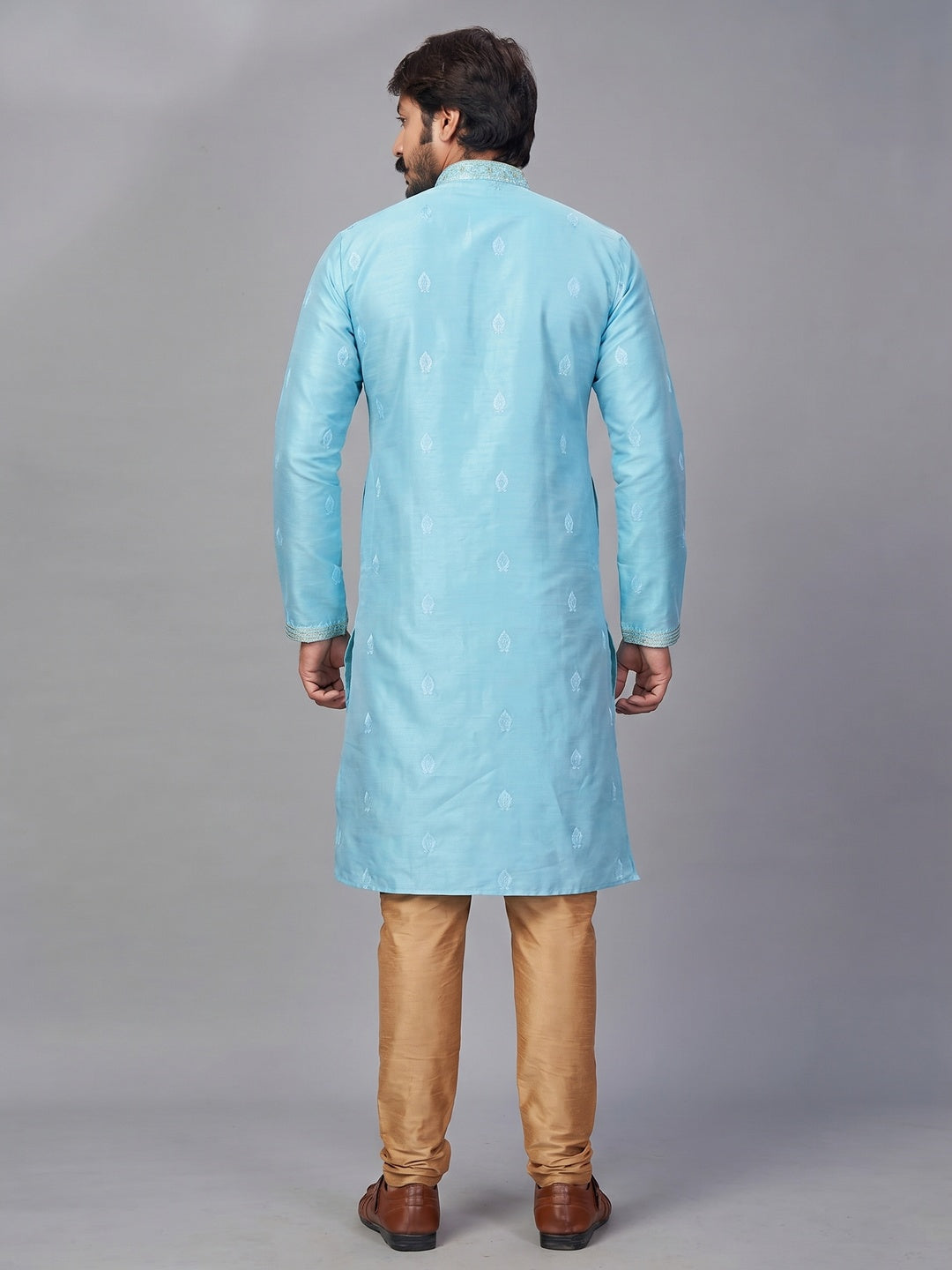 Blue Embroidered Jacquard Kurta Pyjama Set - Image 1