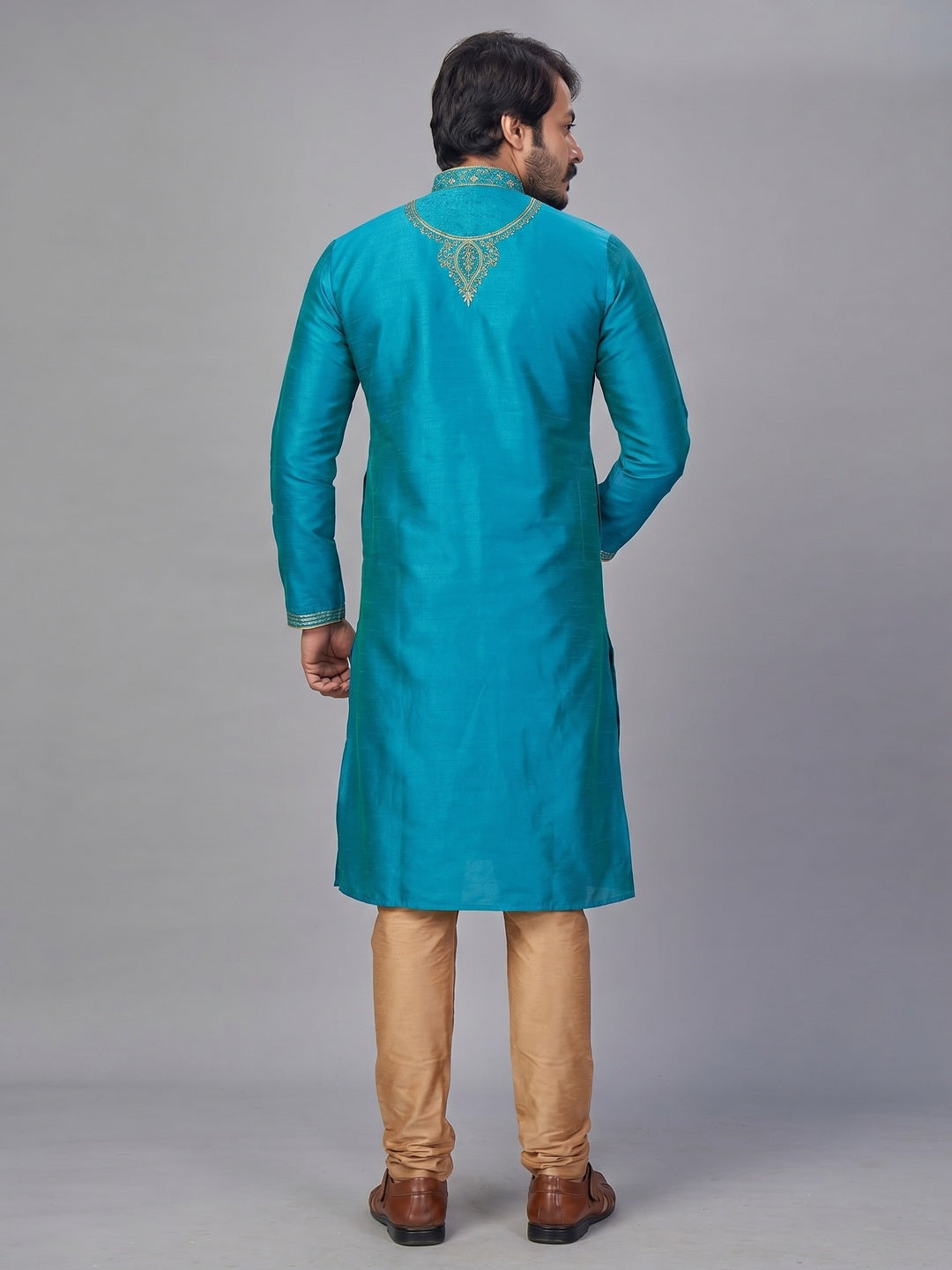 Blue Embroidered Jacquard Kurta Pyjama Set - Image 1