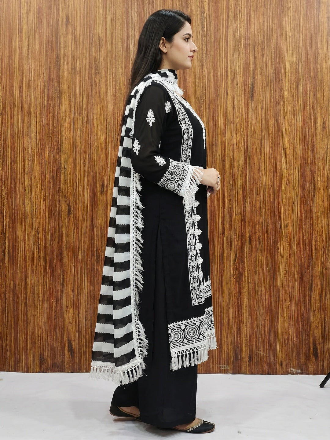 Black Lucknowi Embroidered Georgette Dress Material - Image 3