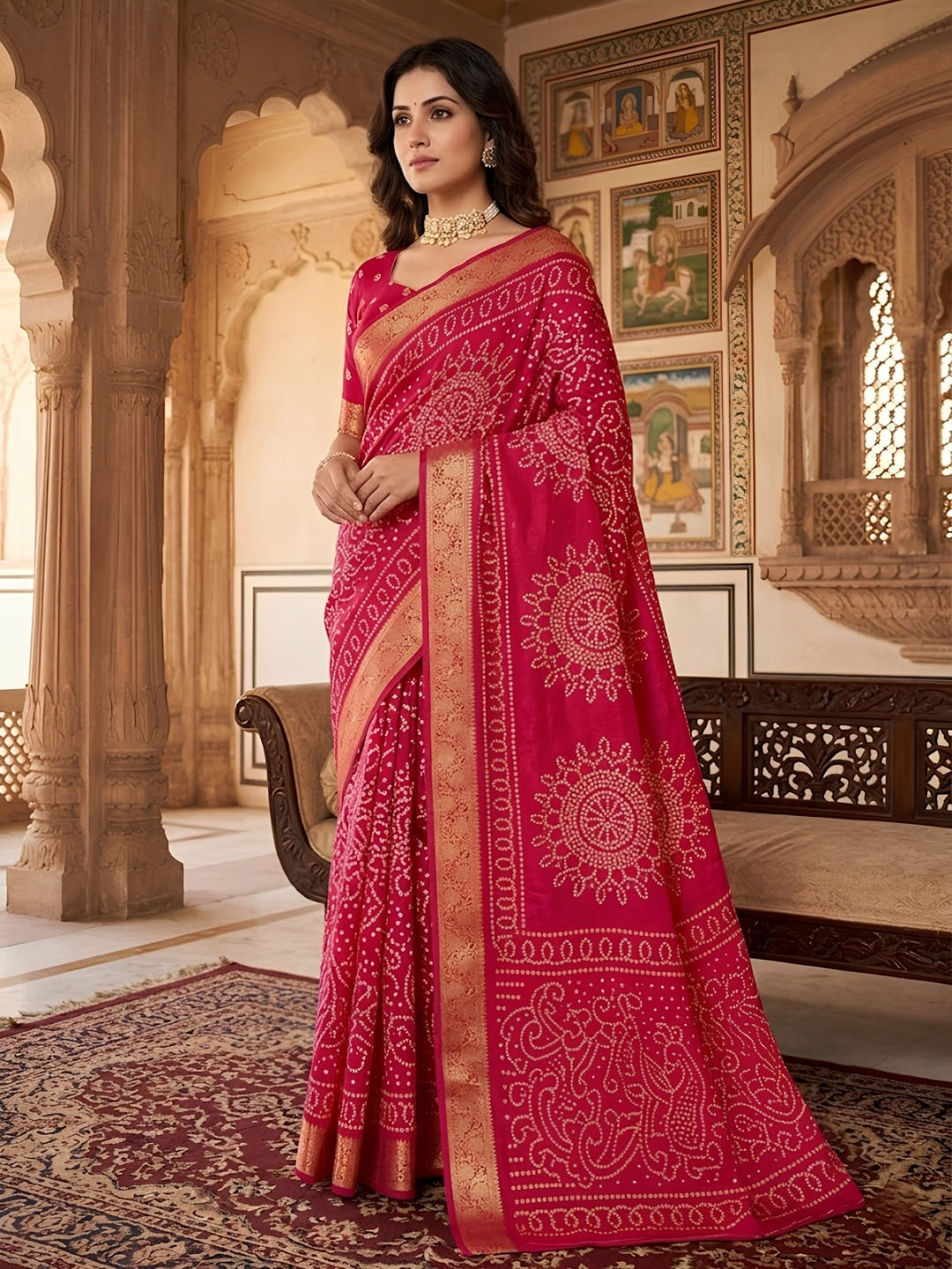 Peachmode Pink Dola Silk Saree with Bandhani print and zari border - Image 5