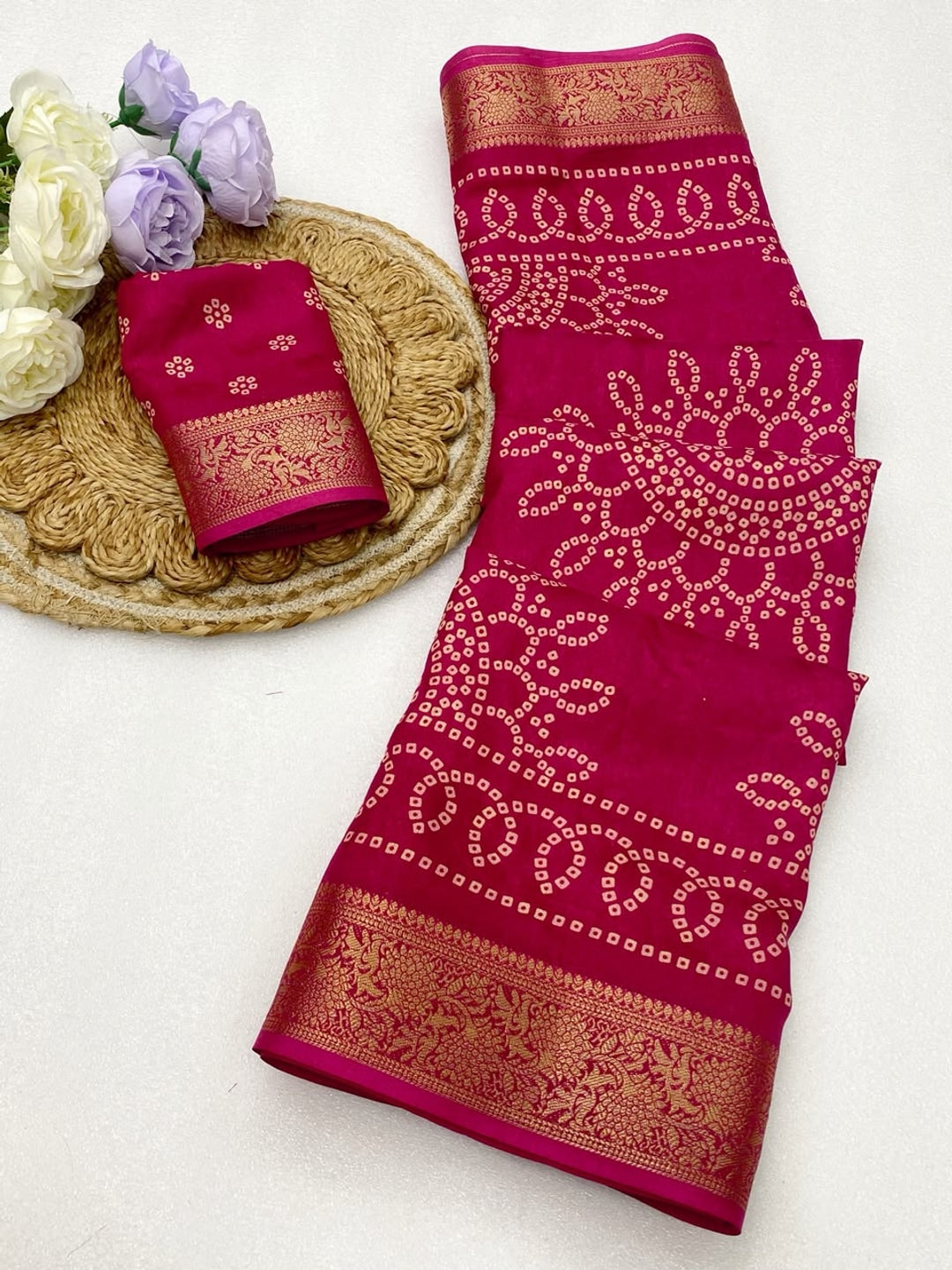 Peachmode Pink Dola Silk Saree with Bandhani print and zari border - Image 6