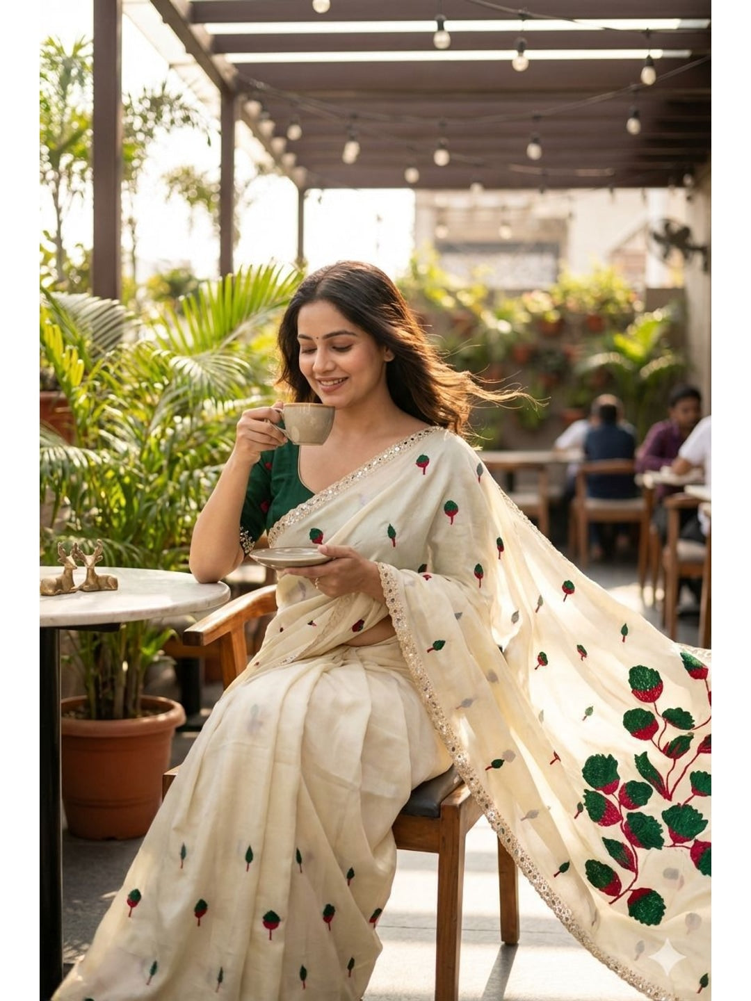 Peachmode Offwhite Silk Blend Saree with embroidery and mirror work - Image 1