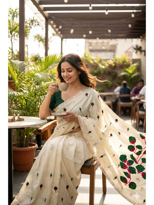Peachmode Offwhite Silk Blend Saree with embroidery and mirror work - Image 1