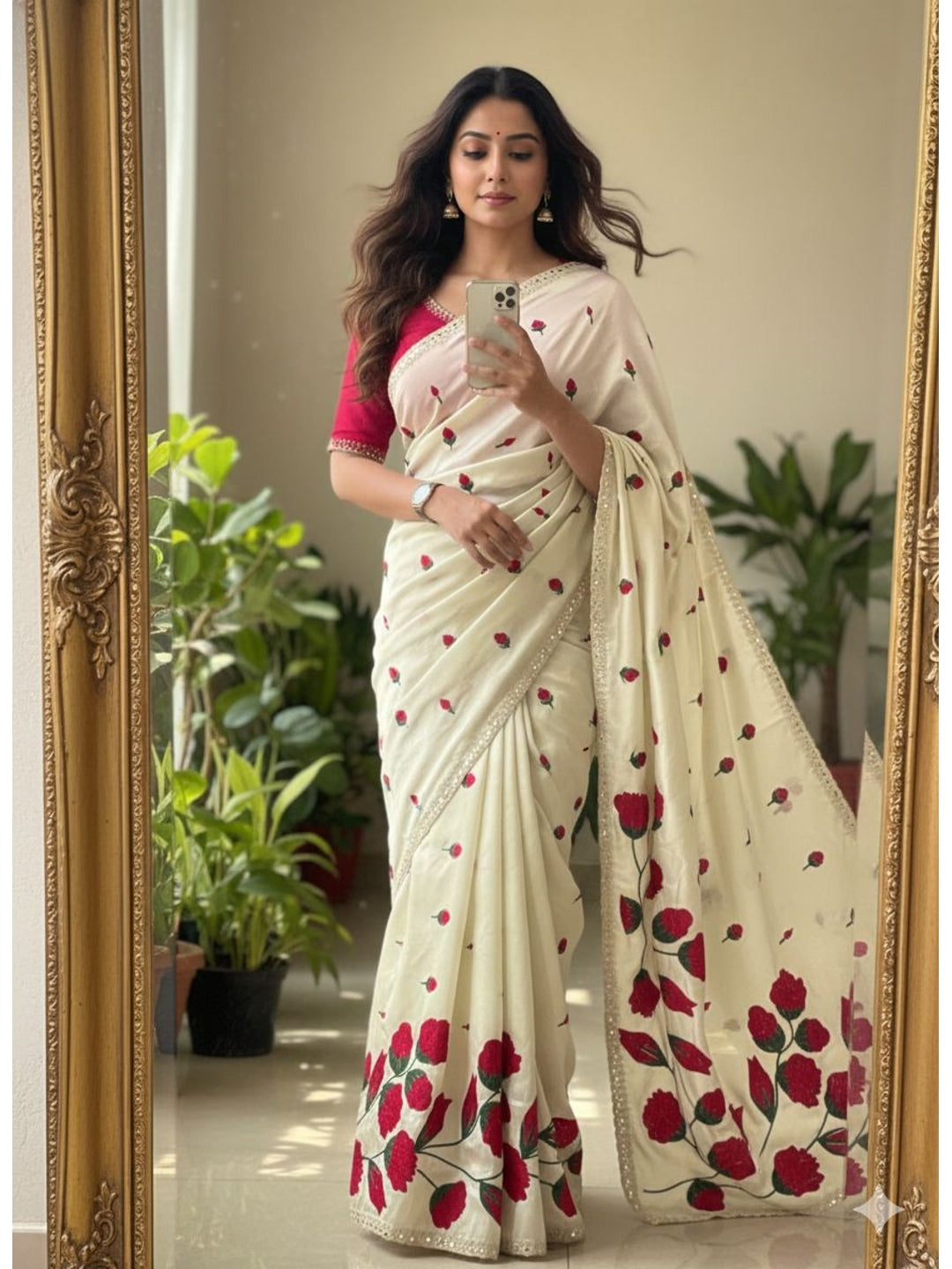 Peachmode Offwhite Silk Blend Saree with embroidery and mirror work - Image 6