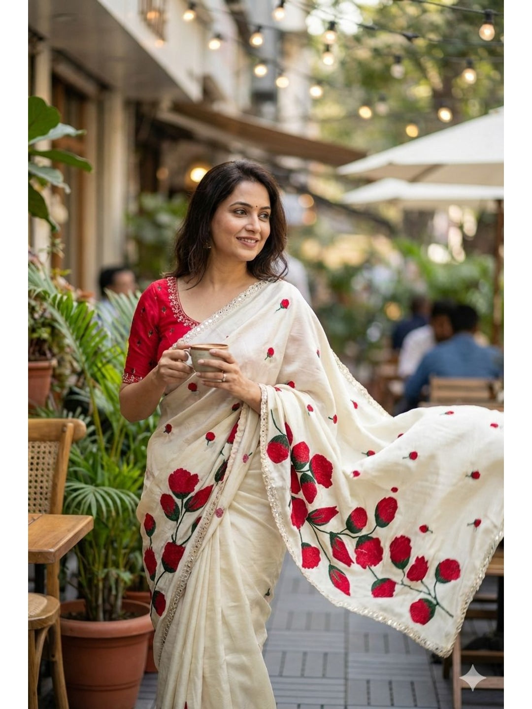 Peachmode Offwhite Silk Blend Saree with embroidery and mirror work - Image 7