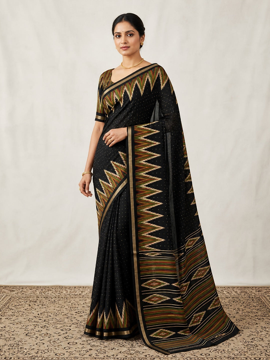 Peachmode Black Mulmul Cotton Saree with geometric print - Image 1