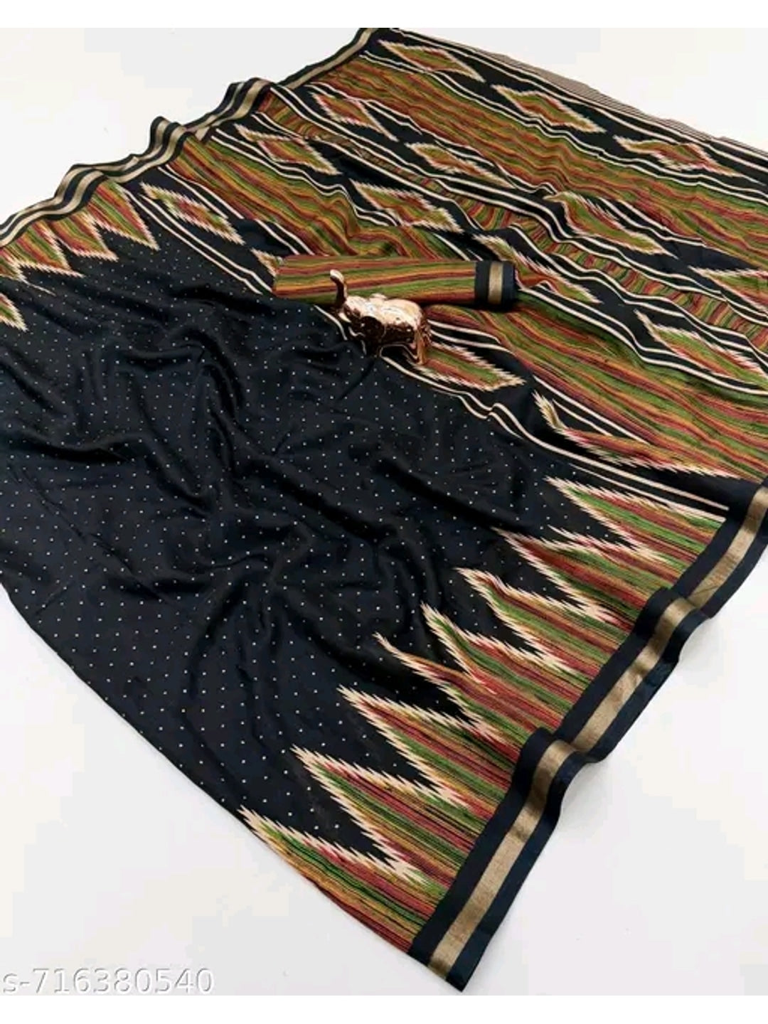 Peachmode Black Mulmul Cotton Saree with geometric print - Image 2