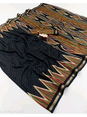 Peachmode Black Mulmul Cotton Saree with geometric print - Image 2